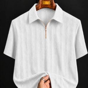 COMBRAIDED Men Self Design Polo Neck Polycotton White T-Shirt